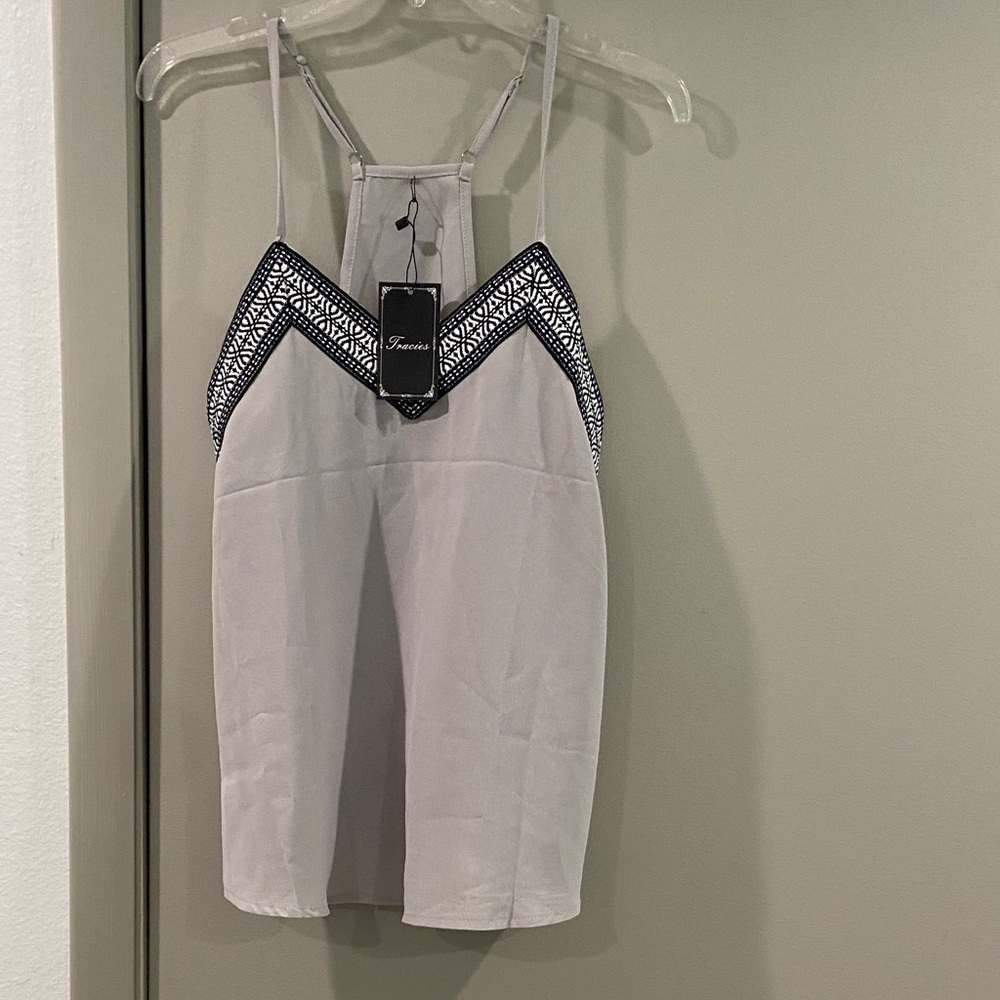 White and Black Tank Top with Geometric Trim
